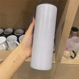 Sublimation en gros 20 oz Gobelets droits rugueux Transfert de chaleur Glitter Blanc Tasses vierges Bouteilles d'eau en acier inoxydable Tasses à double isolation A12