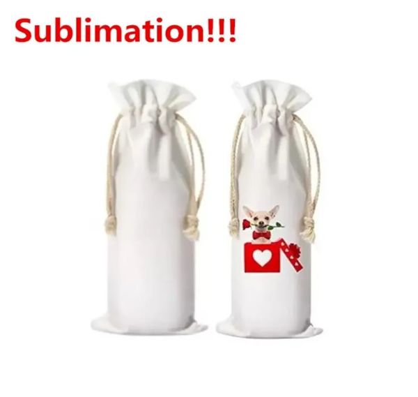 Venta al por mayor de sublimación en blanco, bolsas de regalo para botellas de vino de boda, bolsa de vino de lona con cordón para decoración navideña de Halloween