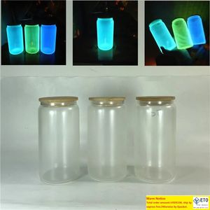 Venta al por mayor Sublimación Glow Glass con tapa de madera 16 oz White Glows Green Blue Wine Tumblers DIY Heat Transfer Beer Cups 3colors