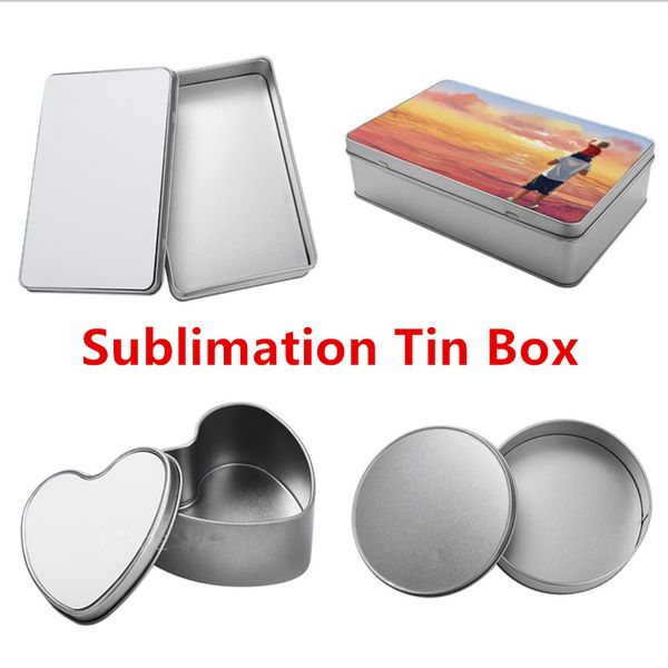 De gros!Boîtes en aluminium de stockage de sublimation rectangle coeur rond Boîte en étain transfert de chaleur vide boîtier en métal maquillage de bonbons peut a12