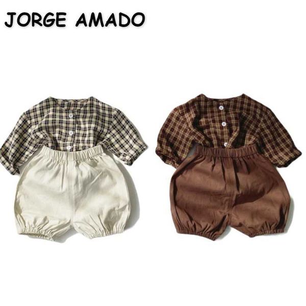 Venta al por mayor Summer Baby Boys Girl 2-PCS Conjuntos Mangas largas O-cuello Camisa a cuadros + Pantalones cortos Trajes para niños E5052 210610