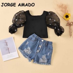 Venta al por mayor Summer Baby Girl 2 piezas Conjuntos Black Polka Dot Puff Sleeves Top + Denim Hole Shorts Kids Outfits E3027 210610