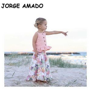 Venta al por mayor Summer Baby Girls 2 piezas Conjuntos Ruffles Sling Top + Falda floral Niños Deportes Ropa de moda E1715 210610