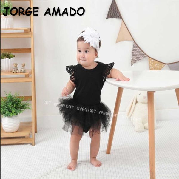 Venta al por mayor, monos de verano para niñas, mono de encaje sin mangas, tutú, blanco, negro, ropa para niña nacida E2345 210610