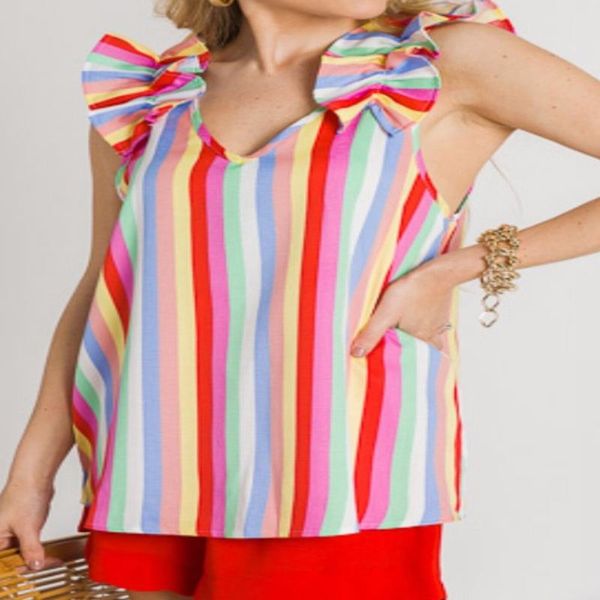 Camisetas sin mangas rayadas de las señoras multicoloras con cuello en V de la ropa del verano al por mayor con los volantes