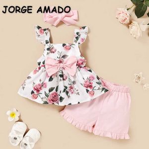 Vente en gros Summer Cotton Baby 3-PCS Ensembles Floral Bow Body sans manches + Pantalon Hairband Enfants Tenues E1035 210610