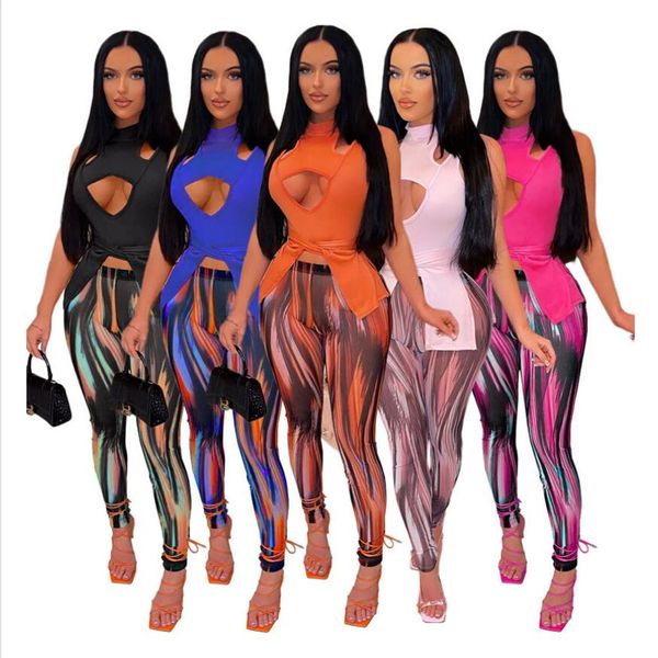 Venta al por mayor Trajes de verano Trajes de mujer Vendaje Ahueca hacia fuera Camisetas + Leggings estampados Conjunto de dos piezas Conjunto a juego de primavera Ropa de club nocturno sexy 7143