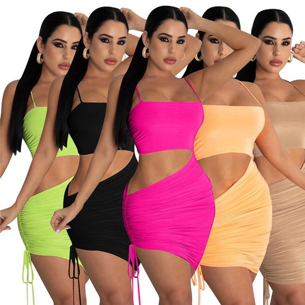 Venta al por mayor de vestidos de verano para mujer sexy bodycon gallus mini vestido de una pieza conjunto de fiesta de noche clubdress moda ropa de mujer sólida klw6308