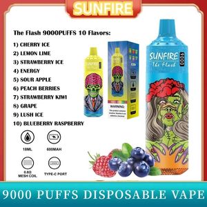 En gros de Sunfire Puff 9000 Vape Disposable Deechable 600mAh Batterie rechargeable 18 ml Vapes Disposables 8k 9k 10k Puff