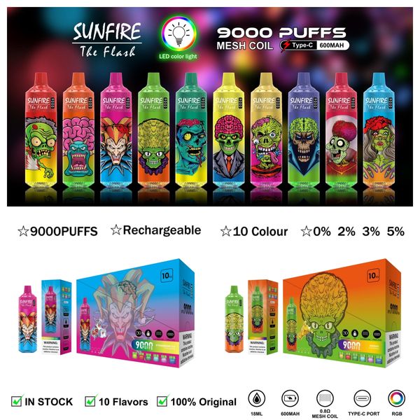 Vape Sunfire Vape 9000 Puff Tornado Vape Vape Vape Étiquette privée 18ml 600mAh Vapers disponibles Vapes Vapeur Electronic Cigarette Vaporizer Pen 9k 8k Puffes