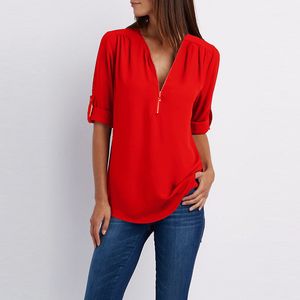 Groothandel t-shirt vrouwen nieuwe v-hals rits lange mouw losse chiffon shirt casual blouses tops vestidos