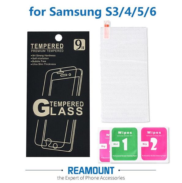 Protecteur d'écran en verre trempé en gros pour Samsung Galaxy S3 S4 S5 S6 Film Ultra HD Premium avec boîte de vente au détail + lingettes