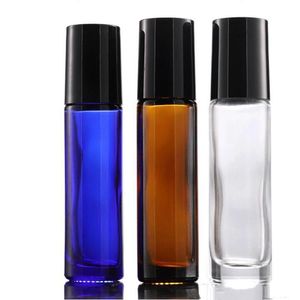 Groothandel dikke 10 ml glazen roll-on flessen amberblauw helder lege rollerbal parfumflesjes met zwarte deksels gratis verzending
