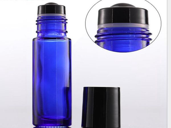 Venta al por mayor Grueso 10 ml Rollo de vidrio en botellas Ámbar Azul Claro Botellas de perfume de bola de rodillo vacías con tapas negras Envío gratis 600 unids / lote