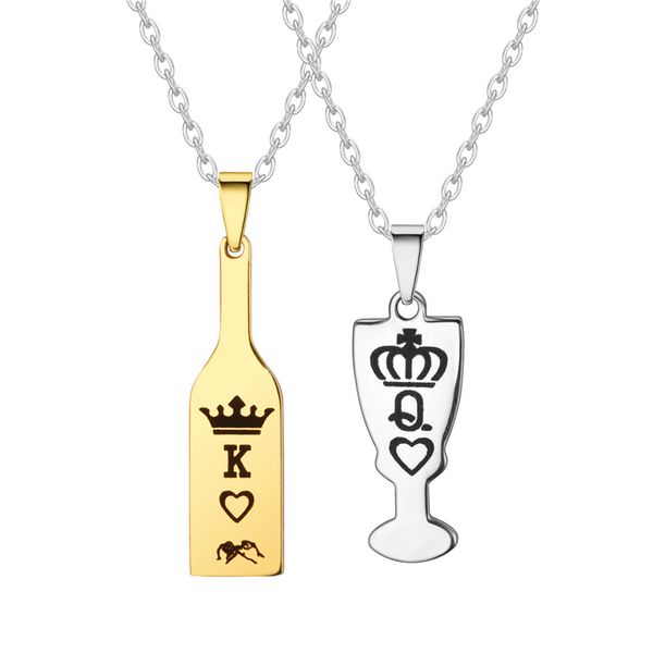 En gros en acier au titane personnalisé bouteille de vin et pendentif en verre amoureux collier en acier inoxydable couronne coeur bijoux cadeaux pour les couples