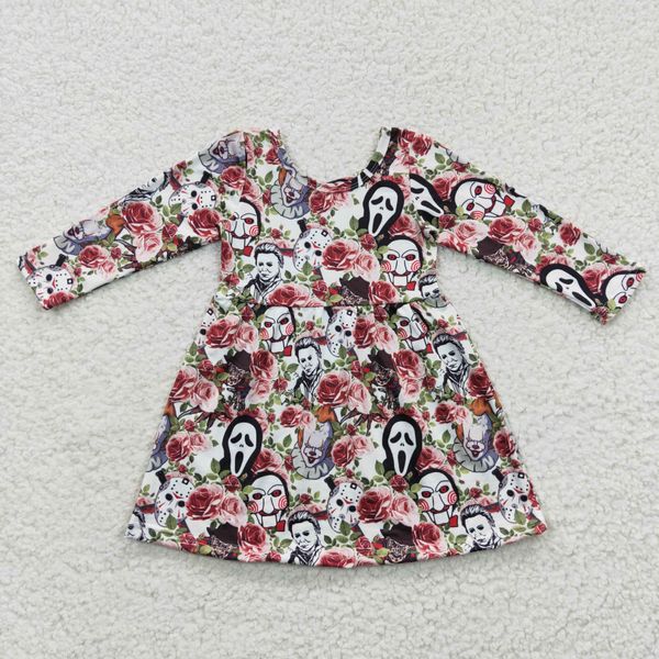 Venta al por mayor, vestido de flores de Halloween para niños pequeños, ropa de manga larga para niños de otoño, ropa Floral de boutique infantil