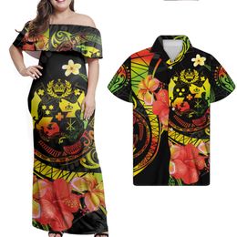 Groothandel Tonga kleding Polynesische paar set print op aanvraag aangepaste maxi plus size damesjurken bijpassende herenoverhemden Moq 1