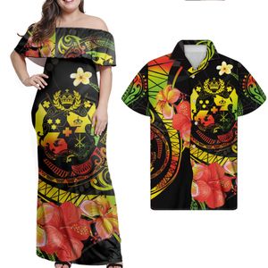 Venta al por mayor de ropa de Tonga, conjunto de pareja polinesia, impresión a pedido, vestidos Maxi personalizados de talla grande para mujer, camisas para hombre a juego, Moq 1