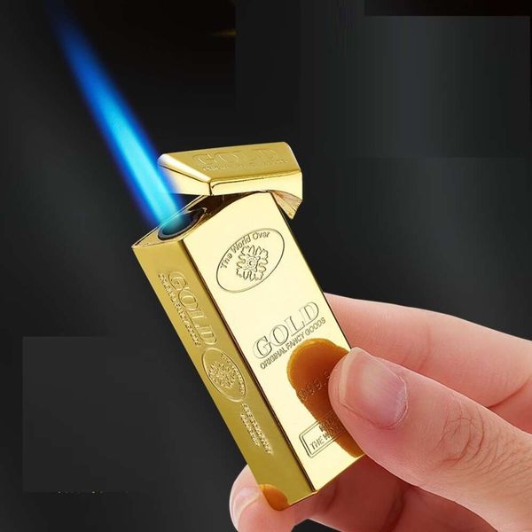 Encendedores de antorcha al por mayor impresión personalizada forma de barra dorada gran potencia de fuego azul lámpara lámpara encendedor