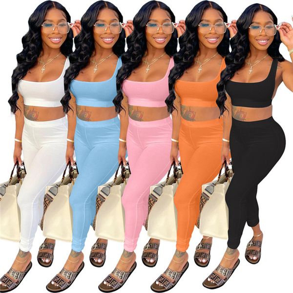 Venta al por mayor Chándales Trajes de verano Mujeres Conjunto de dos piezas Camiseta sin mangas sólida + Pantalones 2 piezas Sexy Crop Top Leggings Conjuntos a juego Trajes deportivos DHL Bulk 7188