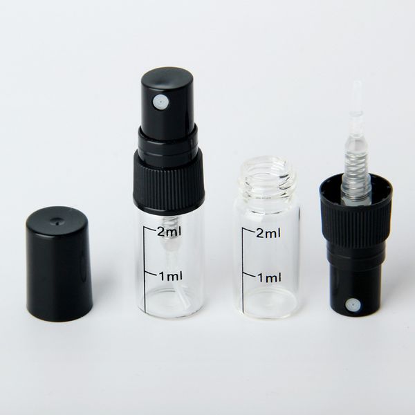 Flacon pulvérisateur de parfum transparent, flacon en verre vide portable de 2ml, avec pompe et échelle en plastique noir, vente en gros