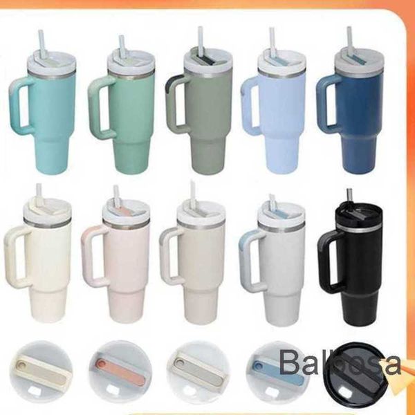 Venta al por mayor Vaso 40 oz Gran capacidad Termo Mango Taza de coche Helado de paja de acero inoxidable Tazas de aislamiento portátiles Americano 19 colores