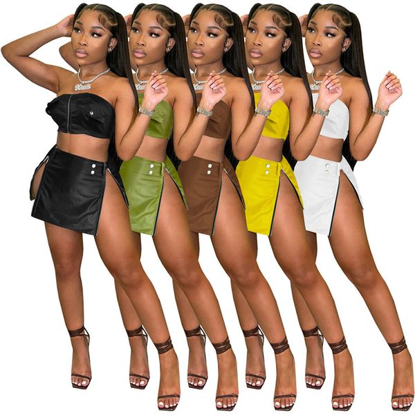 Vente en gros Deux Pièces Robe PU Deux Pièces Jupes Ensemble Zipper Crop Tube Tops Double Side Zip Slipt Mini Jupes Femmes Y2K Bodycon Outfits designer 9499