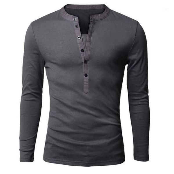 Vente en gros- Unique T-shirt Hommes Simple Poitrine Col V À Manches Longues Henley Chemise Mode Européenne Gris Foncé Tee Shirt Hommes T-shirt XXL1