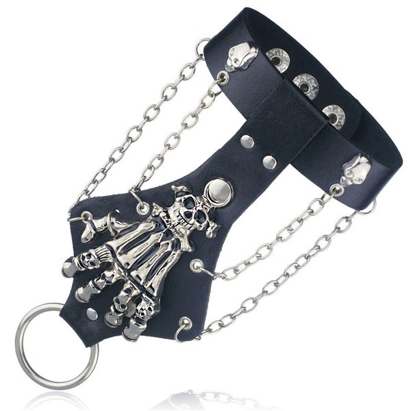 Al por mayor-Unisex Cool Punk Rock Gótico Esqueleto Cráneo Mano Guante Cadena Enlace Pulsera Brazalete Pulsera de cuero S244