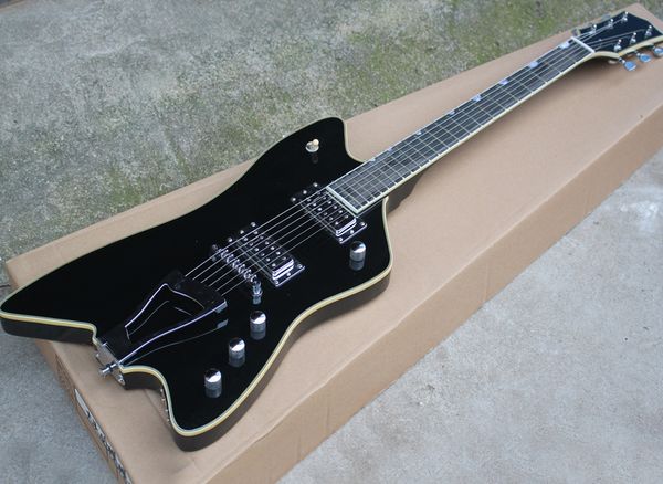 Guitare électrique noire de forme inhabituelle en gros avec touche en palissandre, reliure blanche, matériel chromé, peut être personnalisée
