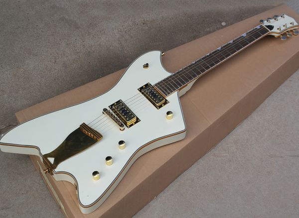 Guitare électrique blanche de forme inhabituelle, avec touche en palissandre, reliure dorée, quincaillerie dorée, peut être personnalisée, vente en gros
