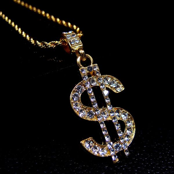 wholesale Collier en argent avec pendentif en dollars américains, chaîne de couleur or pour femmes/hommes, strass, bijoux Hip Hop Bling, vente en gros