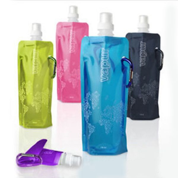 Botellas de agua al por mayor- Útil 480ml Botella plegable portátil Bolsa de hielo Correr Deporte al aire libre Camping Senderismo Color aleatorio1