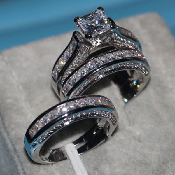 Al por mayor-Vecalon joyería fina de corte princesa 20CT diamante de la CZ de compromiso de la alianza de boda del sistema del anillo para el anillo de dedo de oro blanco 14KT mujeres llenaron