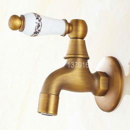 Badkamer Sink Kranen Groothandel- Vintage Antiek Brons één keramische bloem patroon handvat keukenkraan wandmontage wasserij mop Water Tap