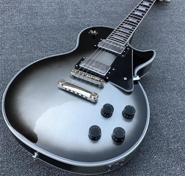 Guitarra eléctrica negra plateada clásica personalizada, guitarra Chibson, cuello de una pieza