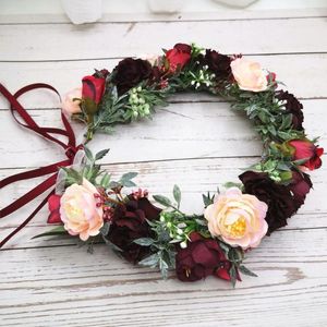 Couronne de fleurs Vintage bordeaux, bandeaux pour femmes, accessoires pour cheveux, couvre-chef de mariage, décoration de chapeau, guirlandes florales, vente en gros