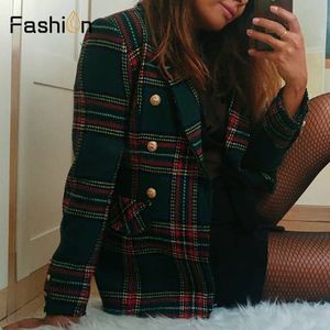 Gros-Vintage Double Boutonnage Manteaux Effiloché À Carreaux Tweed Blazers Manteau Femmes Poches Blazer Plaid Dames Survêtement Casual Casaco Femme