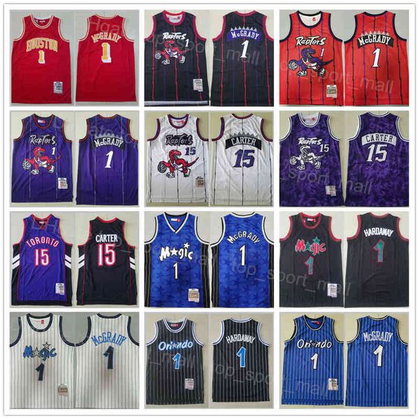 Vente en gros Vintage Mitchell et Ness Basketball Vince Carter Retro Jersey 15 Penny Hardaway Tracy McGrady 1 Stripe Team Noir Rouge Blanc Violet Bleu Pour