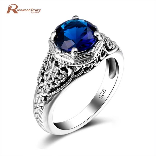 Gros Vintage Argent Couleur Lab Saphir Femmes Anneaux Bleu Foncé Cristal De Mariage Promise Anneaux Réel 925 Bijoux En Argent Sterling