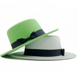 Groothandel vintage brede rand unisex kunstmatige wol platte top waterster vrouwen limoen groene hoeden Fedora vilt hoed met strik lintband