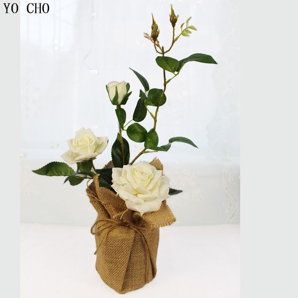 Ensemble de fleurs de mariage en gros, roses artificielles fleurs en pot vase en lin avec vase fête d'anniversaire cadeau de Noël décoration de maison