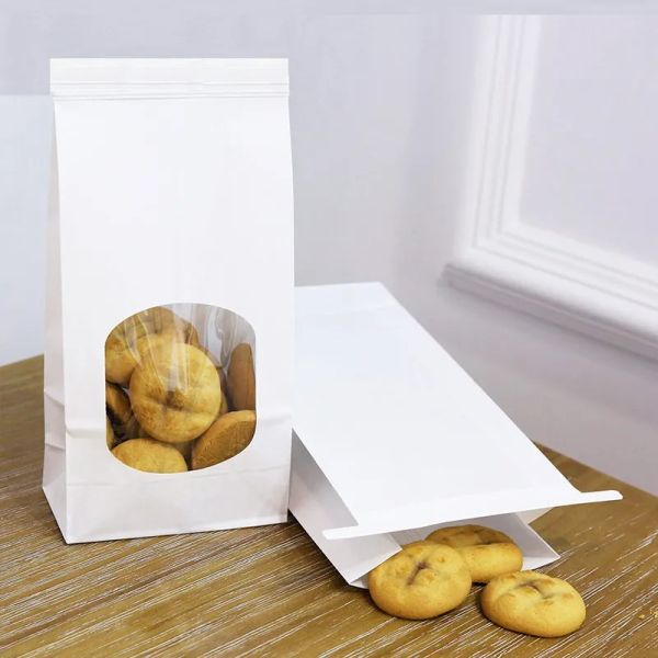 Bolsas de panadería Kraft blancas con ventana transparente, bolsa de papel Kraft a prueba de grasa para alimentos, aperitivos, galletas, café, accesorios de cocina