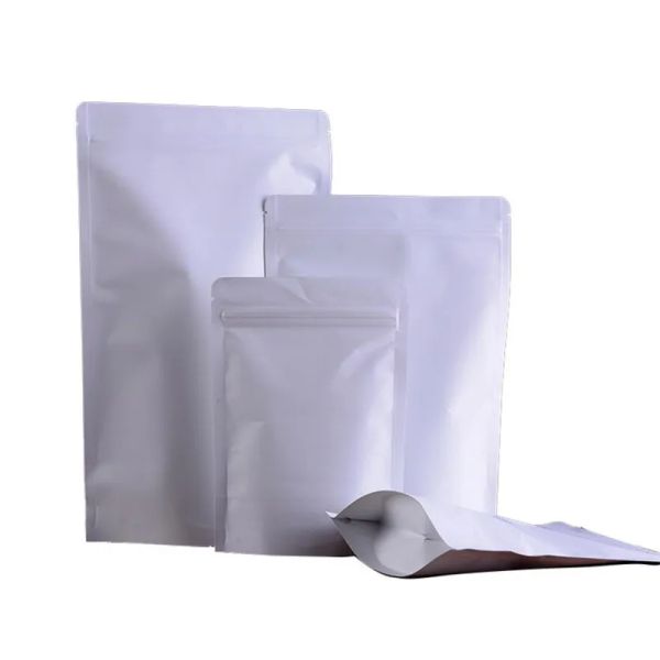 Sac en papier kraft blanc blanc en aluminium en aluminium stand up sachets recyclable scellant sac de rangement pour le thé à thé collation ll