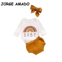 Groothandel witte regenboog lange mouw top baby romper + koffie shorts + hoofdtooi haarband meisjes kleding E10760 210610