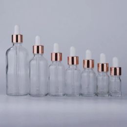 wholesale Flacons compte-gouttes rechargeables en verre en gros 5-100 ml contenant d'huile essentielle vide avec de nouveaux couvercles en or rose LL