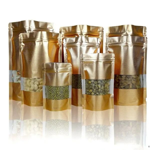 wholesale Bolsa ziplock con cremallera y embalaje de pie con relieve en oro al por mayor con ventana transparente, embalaje resellable, bolsas de bolsa doradas mylar ZZ