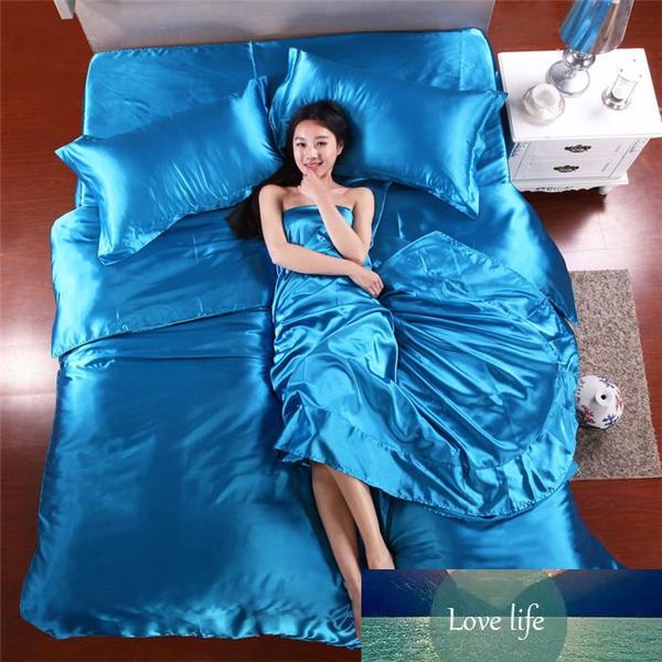 Draps de soie en gros-gros Chine Couvre-lits en soie Linge de lit Coton 4pcs de housse de couette en soie bleue Ensembles Drap Taie d'oreiller