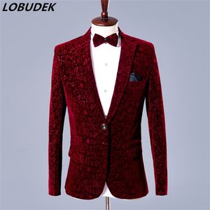 Groothandel Wijn Jacquard Weave Heren Blazers Mode Slanke Casual Jas Bruidegom Bruiloft Kleding Prom Singer Host Performance Show Stage Kostuum