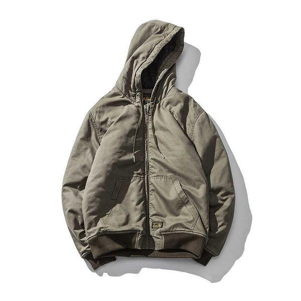 Venta al por mayor Invierno Hombres Parkas Moda Cuello con capucha Grueso Cálido Cortavientos Hombres Chaqueta Abrigos Algodón Estilo japonés Ejército Verde 210603